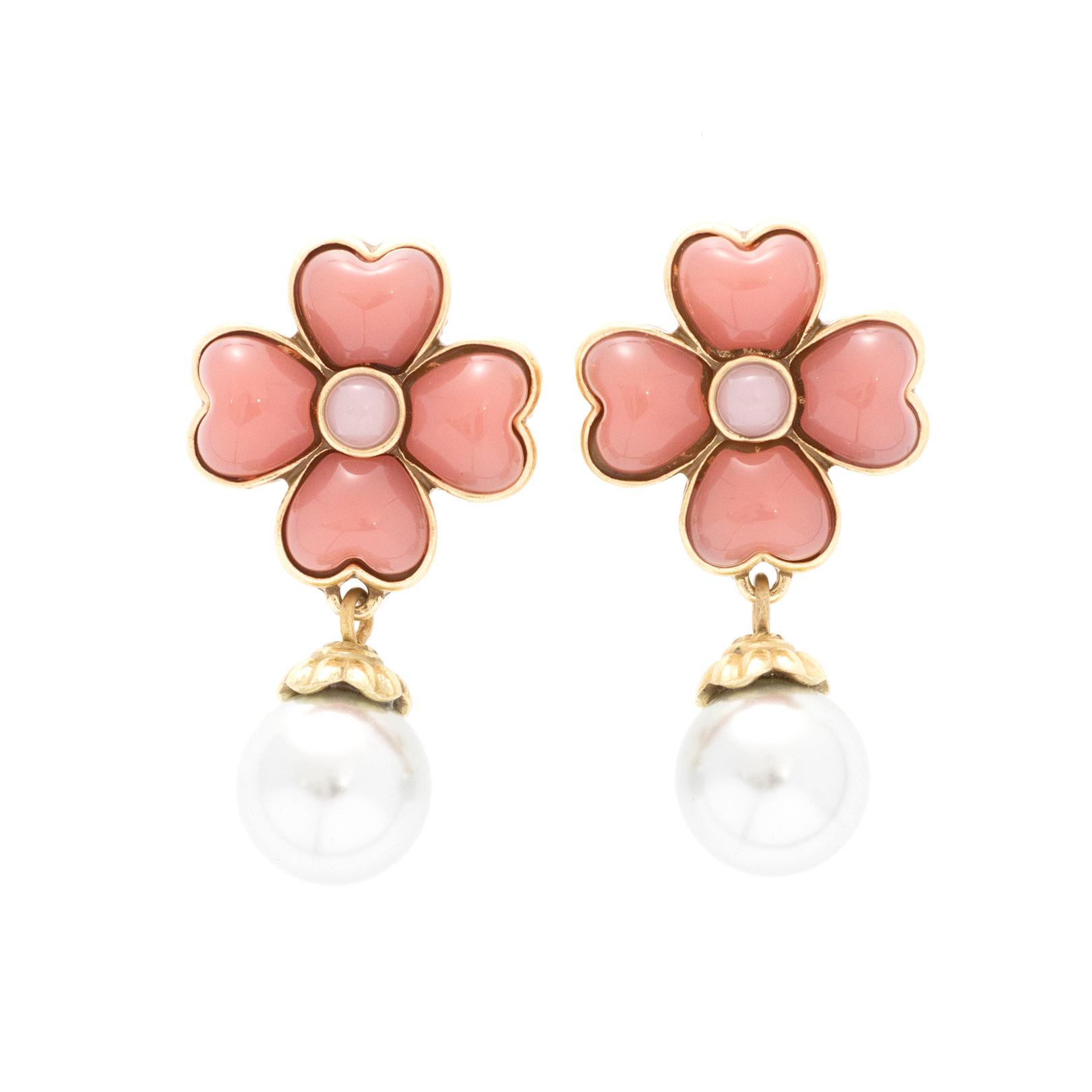 Retro Copper Alloy Pink Natural Stone Silver Needle Glazed Bead Pendant, High-End Niche Design Earrings Women S New