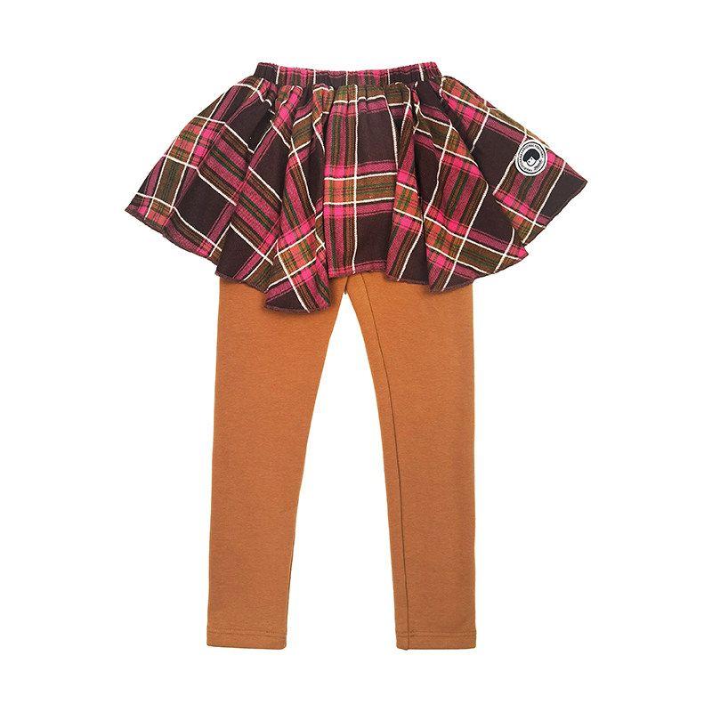 Toothpick Pills and Friends [Girl s Little Stubborn] Fleece-lined Fake Two Pieces Check Skirt Swing Leggings Caramel color 150