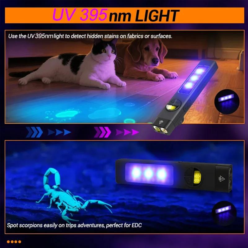 Portable LED Flat Flashlight with Strong Magnet Type-C Charger Tactical Torch with Pen Clip with 395 UV Lamp for Outdoor Camping