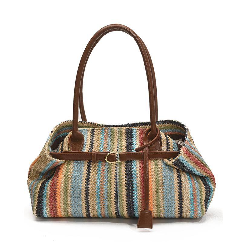 Summer large-capacity rainbow woven tote bag women's new versatile commuter beach bag shoulder bag