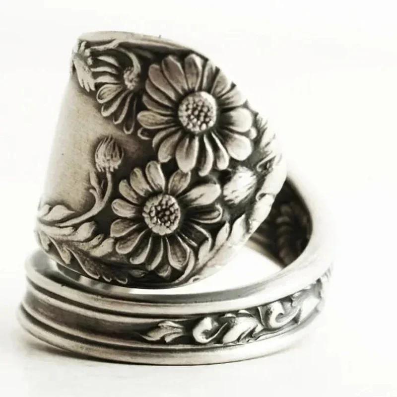 Personality Wide Ring with Flowers Carved Anti Color Vintage Women Finger Rings Party Fancy Anniversary Gift Hot Jewelry