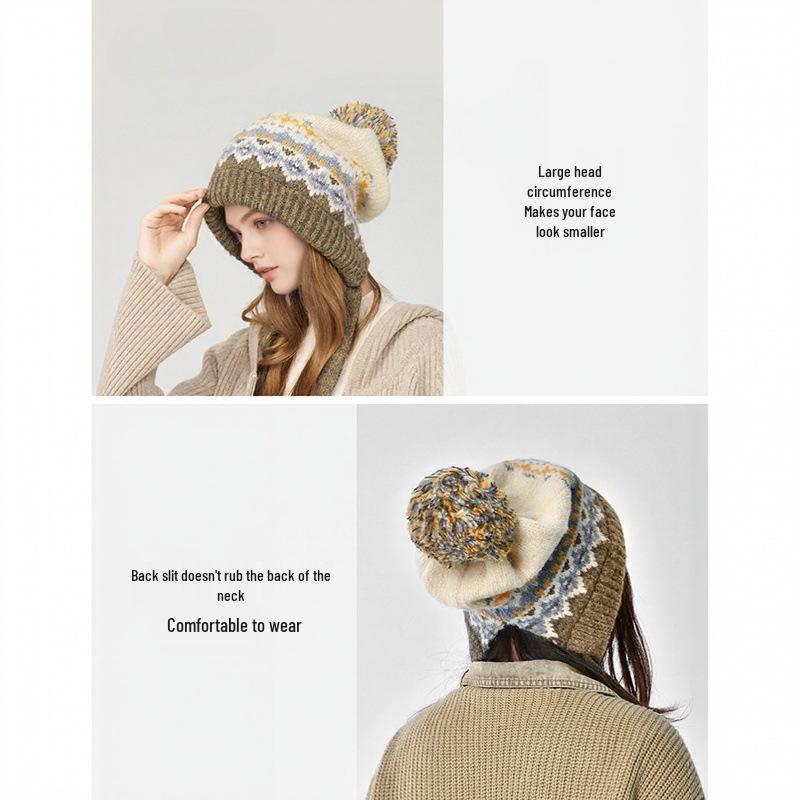 Women's Fair Isle Pompom Knitted Hat - Retro Jacquard Wool with Ear Protection for Winter Warmth