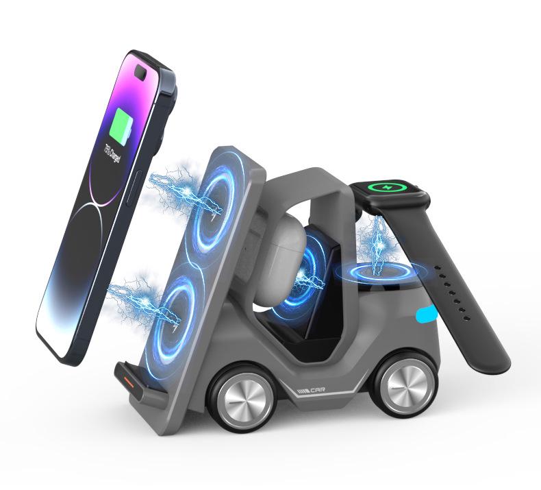 Compact Car Desktop Wireless Charger with Fast Charging Forklift for Apple 15 Watch & Phone Holder