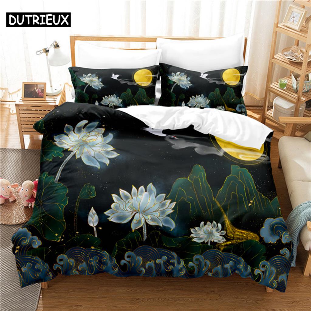 Comforter 3D Digital Printing Fashion Design Lotus Bedding Set Queen Size Comforter (quilt)-EU Single(135*200cm)3pcs