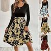 Round Neck Printed Skirt Dress Lace Up Knee Length Dress Elegant Long Sleeve Dresses Evening Party Club Causal Dress