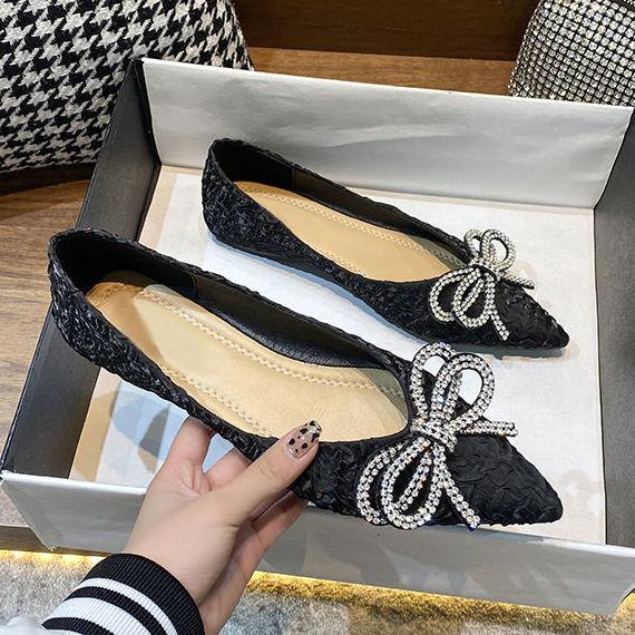 Summer  Pointed Toe Rhinestone With Bow Shoes for Women2025 Trend Social Popular Elegant and Fashionable 39 Slip-on Woman Flats