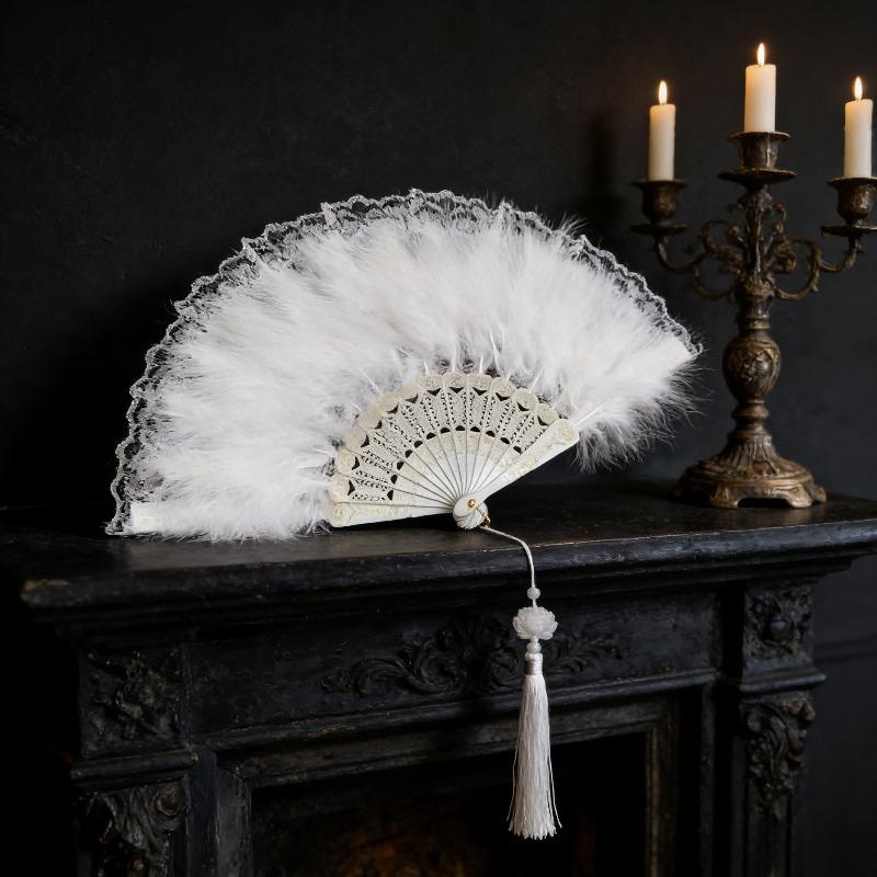 Lace Fan Folding Retro Feather Fan Elegant Decor For Dance Cheongsam Stage Show Party Lady Home Ornament