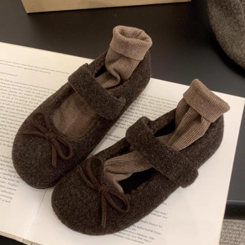 Mao Mao shoes women wear new fairy round head single shoes in autumn and winter, bow versatile velvet thermal cotton ladyshoes