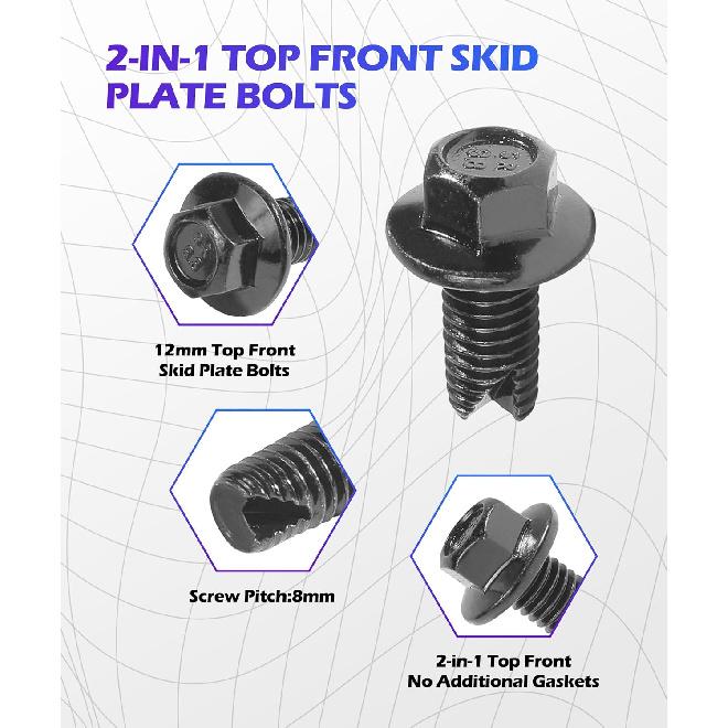Skid Plate Bolts,Car Accessories Stainless Steel Bolts,Upgraded 2-In-1 Skid Plate Screws,12Mm Top Front Skids Plates Bolt,Car Top Front Skids Plates