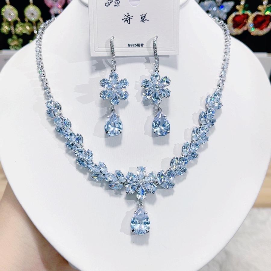 Trendy Zirconia Flower Necklace Earrings For Women Engagement Fashion Jewelry Set Bridal Wedding Chokers Party Accessories Gifts