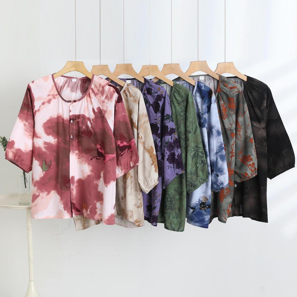 2025 Women's Floral Cotton & Linen Sun Protection Set - Shirt & Long Pants with Five-Sleeve Design