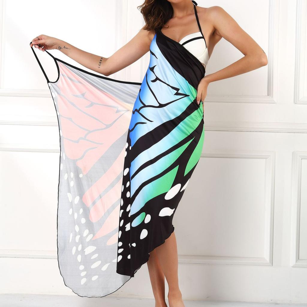 IHUASU Women's Colourful Butterfly 3D Printed Sexy Comfortable Beach Cover Dresses