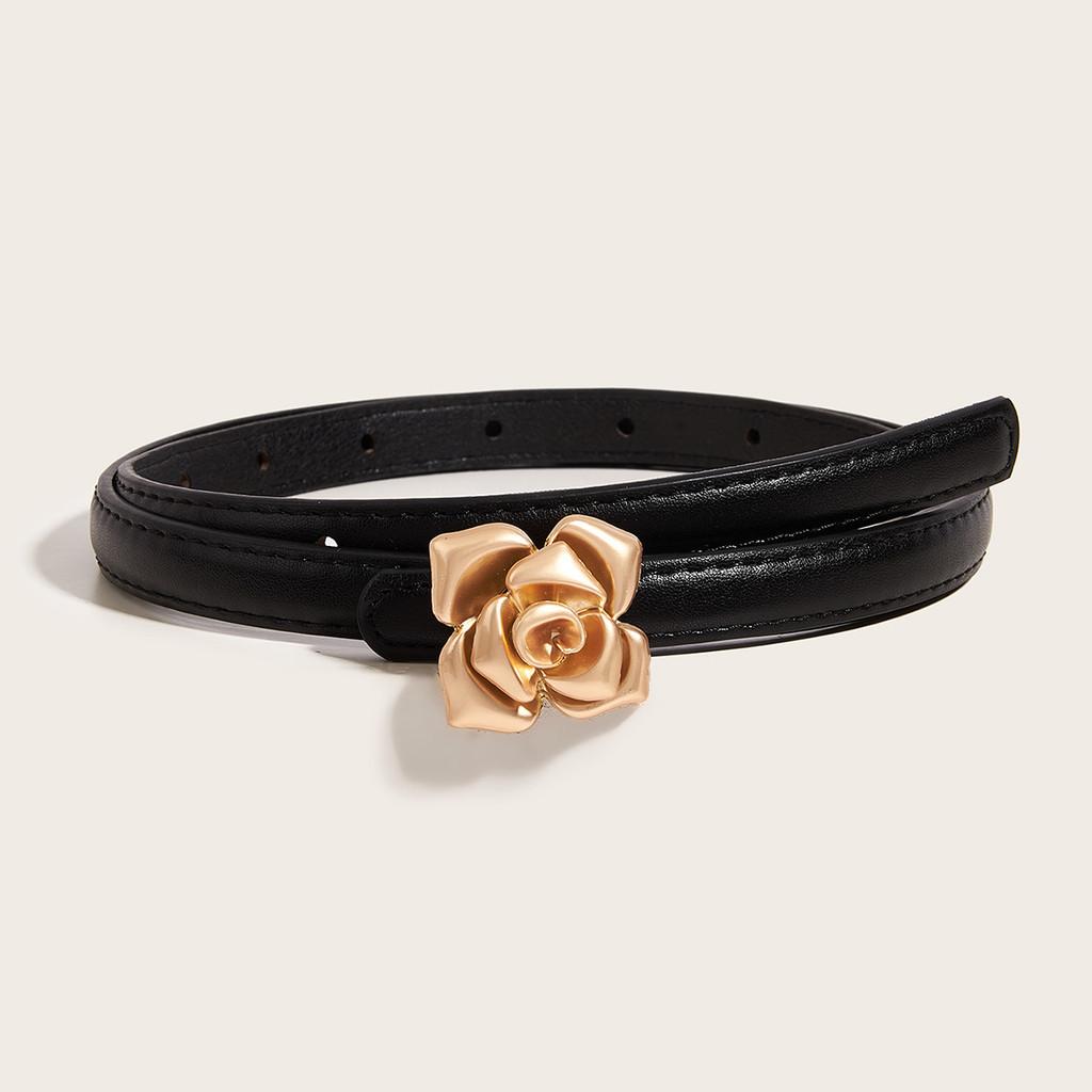 Womens Fashion Belt Pu Leather With Flower Snap For Casual Wear Spring чёрный