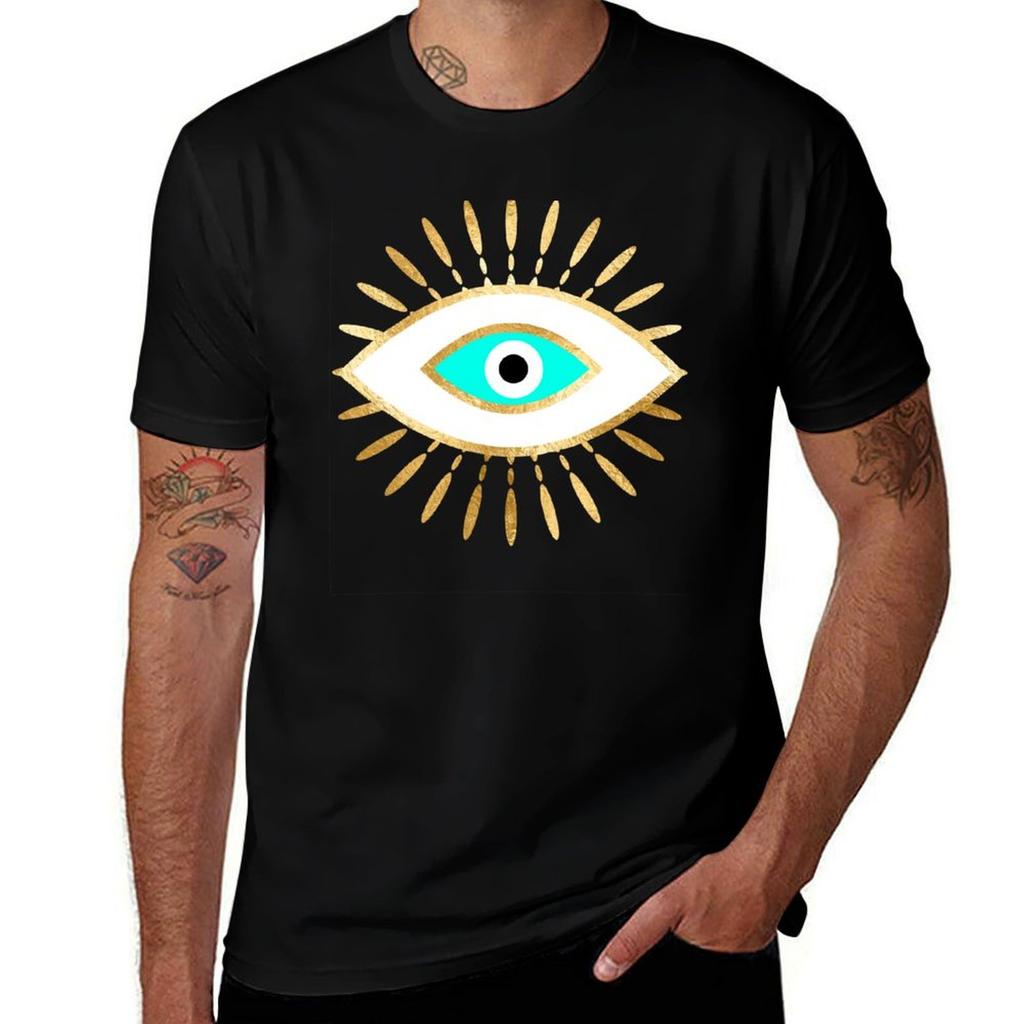 Hamsa Evil Eye Gold Foil Print Tshirt High Elasticity Sports Tshirt