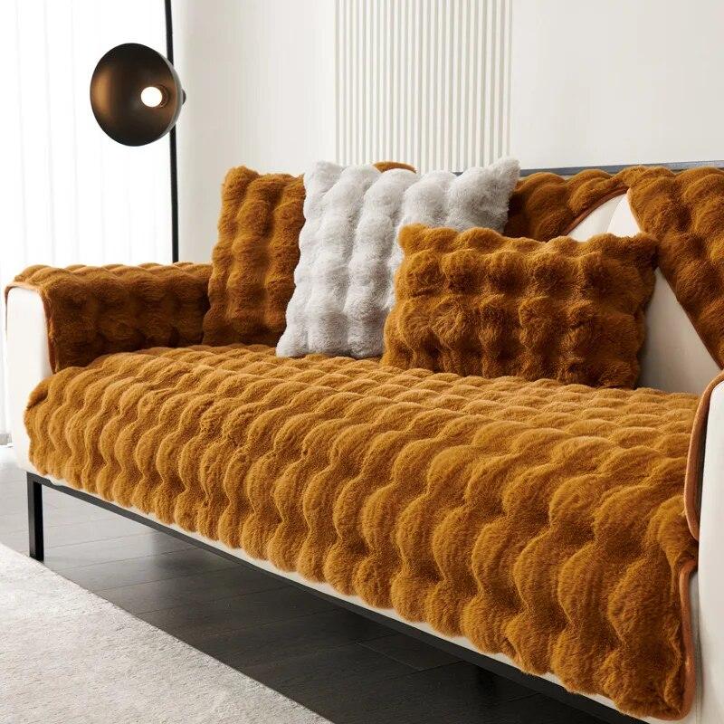 Soft Warm Faux Fur Couch Sofa Cover Thick Shaggy Fuzzy Sectional Couch Cover Non-Slip Solid Color Plush Sofa Slipcover Furniture