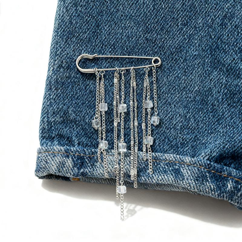 Fashion Square Crystal Tassel Brooches for Women Men Personality Fine Chains Waist Tightening Fixing Pins Brooches Accessories