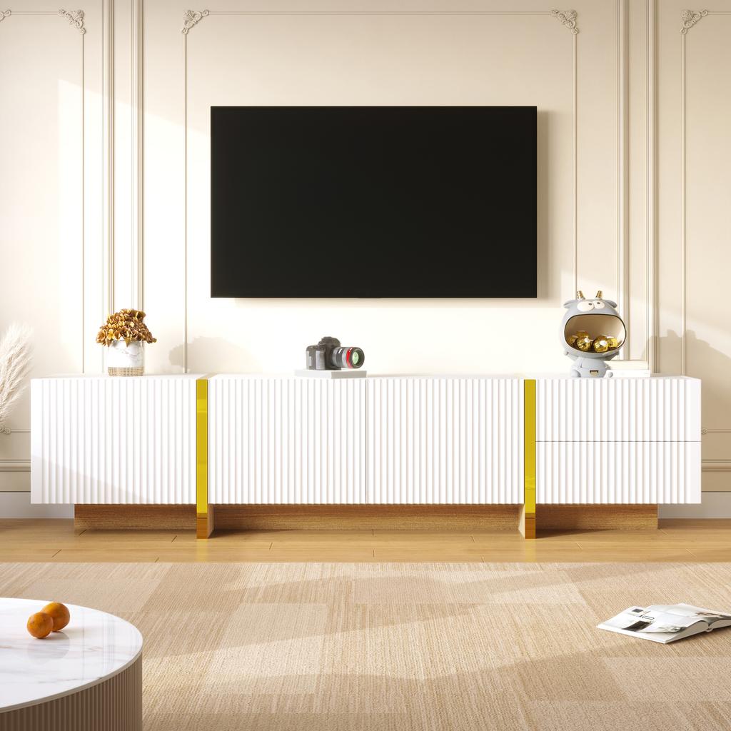 190 cm TV Cabinet, 3 Doors, 2 Drawers, White with Gold and Wood Grain