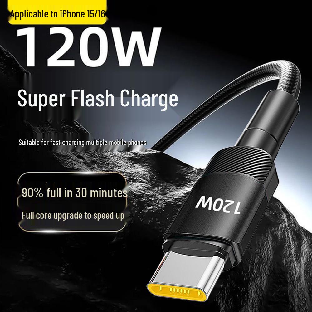 120W Super Flash Charge Type-C Data Cable 6A for Apple 15/16 & Huawei Car Chargers