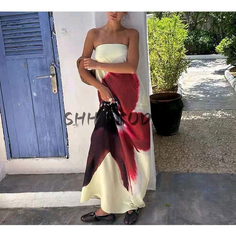 Spring New Women's Clothing Fashion Style off-Neck Sleeveless Sexy Tube Top Print A- line High Waist Long Dress