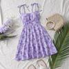 French Floral Gradient Spaghetti Strap Dress - Elastic Waist, Summer Vacation Style