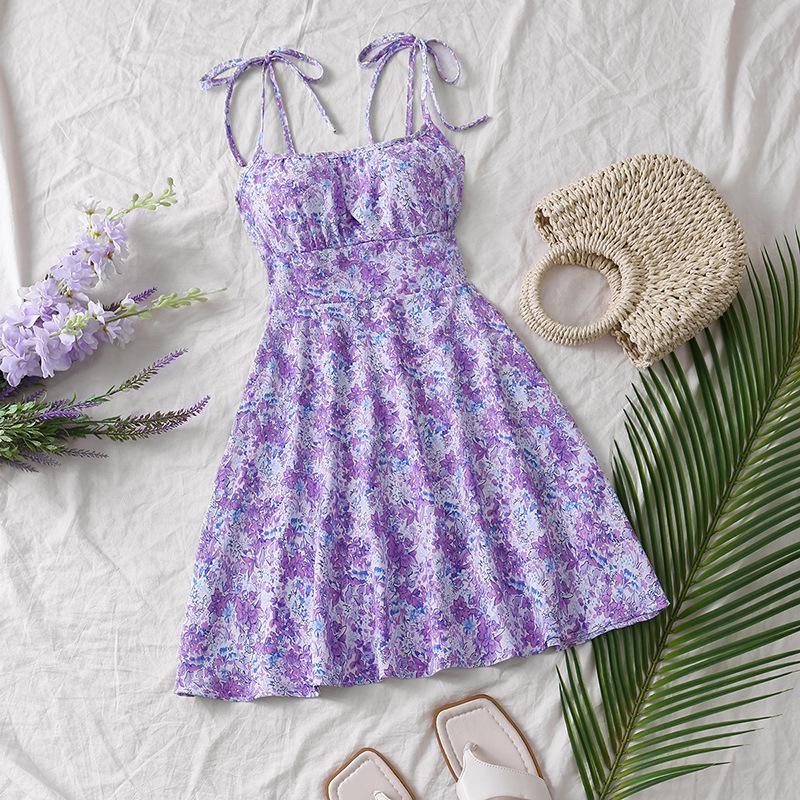 French Floral Gradient Spaghetti Strap Dress - Elastic Waist, Summer Vacation Style