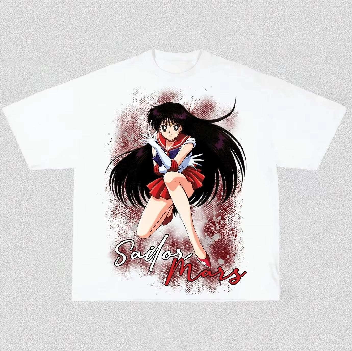 Sailor Mars & Sailor Moon Comic Print T-shirt, Unisex 90s Anime Fan Art Casual Streetwear Short Sleeve Women And Men T-shirt 4XL