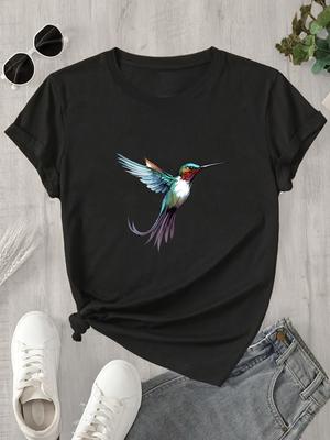 Hummingbird Print Short Sleeve T-Shirt Casual Regular Fit Black with Vibrant Animal Design Women's Harajuku Short Sleeve Casual