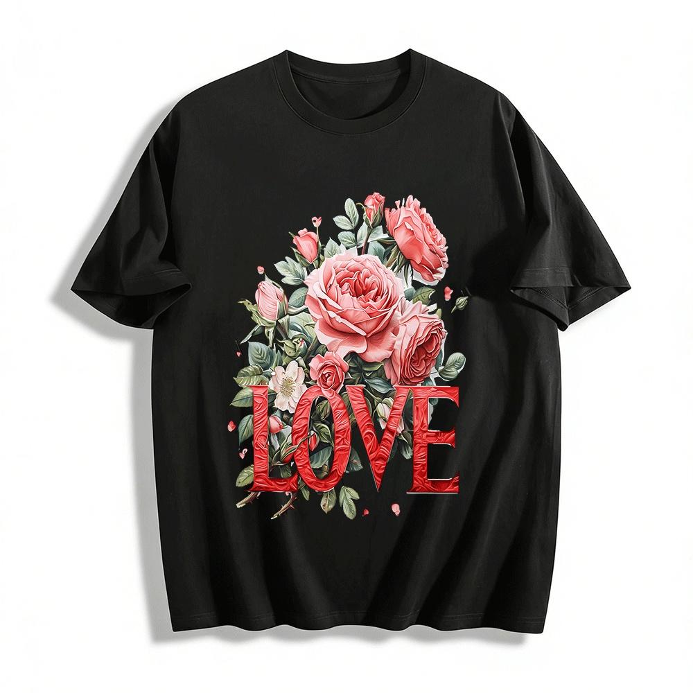 Women s Casual T-shirt with Romantic Rose LOVE Print Pure cotton T-shirt XXS
