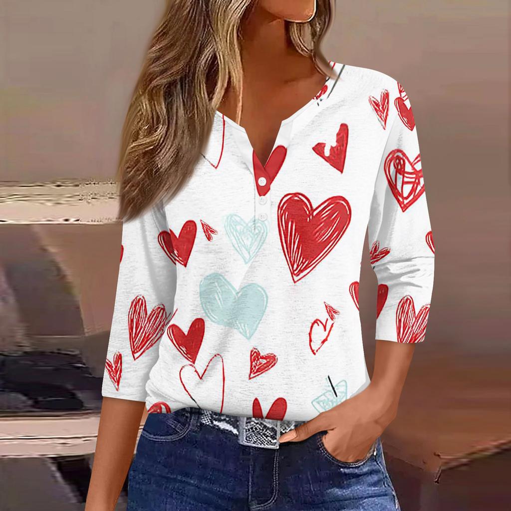 Camiseta feminina com estampa de botão, manga 3/4, moda diária de fim de semana, básica, decote em V, top regular