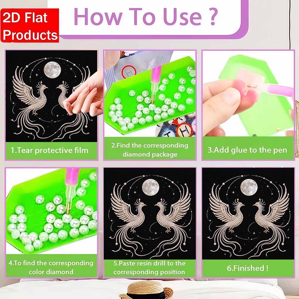 DIY Pearl Diamond Painting Set with Frame Phoenix and Full Moon 3D Pearl Beads. Home Wall Decor