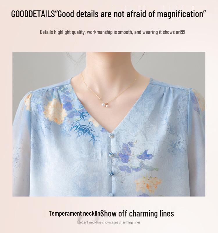 Mom's Summer Mid-Sleeve Chiffon V-Neck Shirt: Loose Print Top for Middle-Aged & Elderly Women