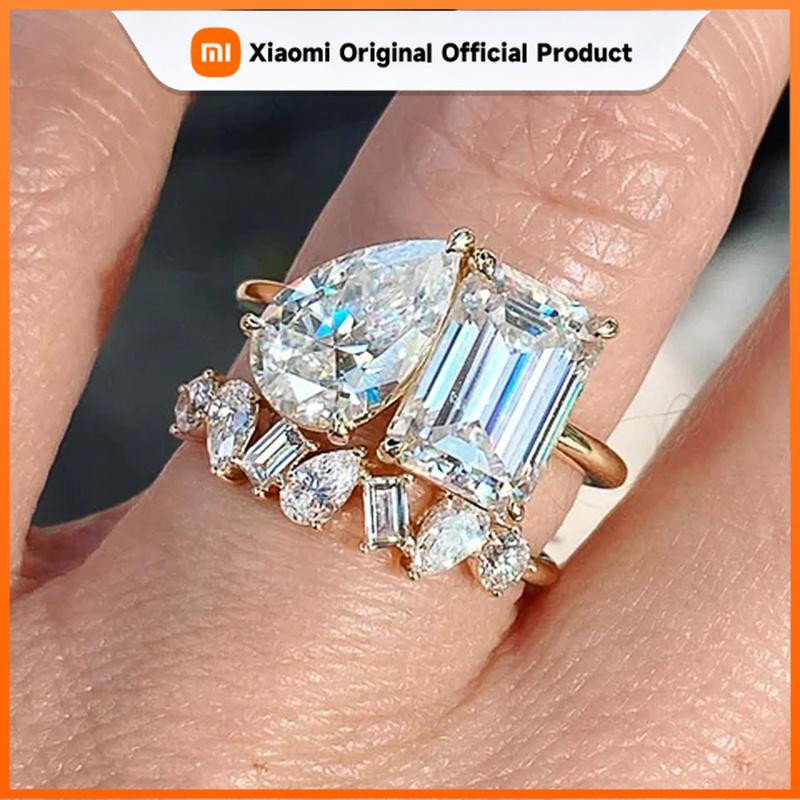 Xiaomi Huitan Waterdrop Rectangle Cubic Zircon Set Rings for Women Gold Color 2023 New Wedding Party Accessories Fashion Female Jewelry