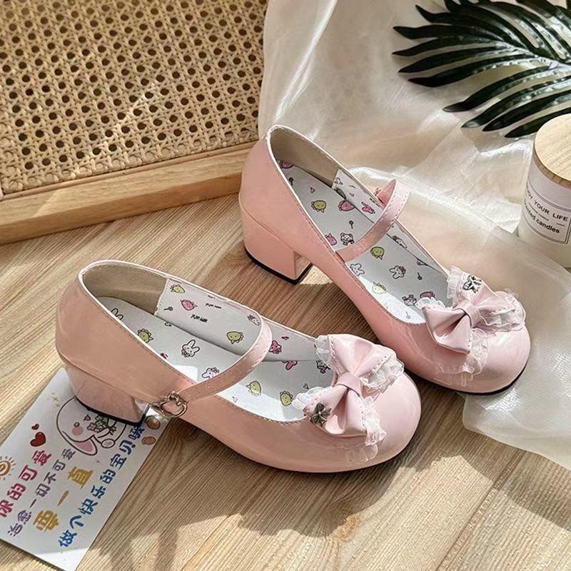 Girs Lovely Lolita JK Shoes 2025 New Women High Heels Pumps Sweet Lace Bow Round Head Thick Heel Mary Jane Single Shoes