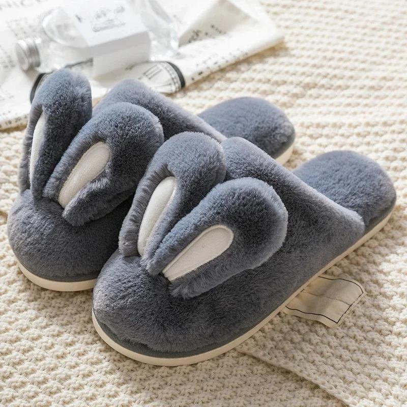 Women Warm Faux Fur Slippers Cute Rabbit Ear Indoor Slipper Soft Plush Anti-slip Winter Female Home Floor Shoes Slippers Women
