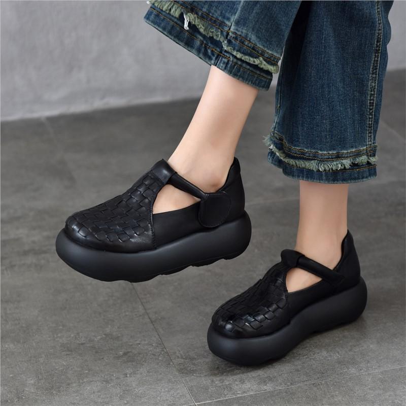 Johnature Hand Woven Genuine Leather Women's Shoes Comfortable Versatile Thick Soled Sandals