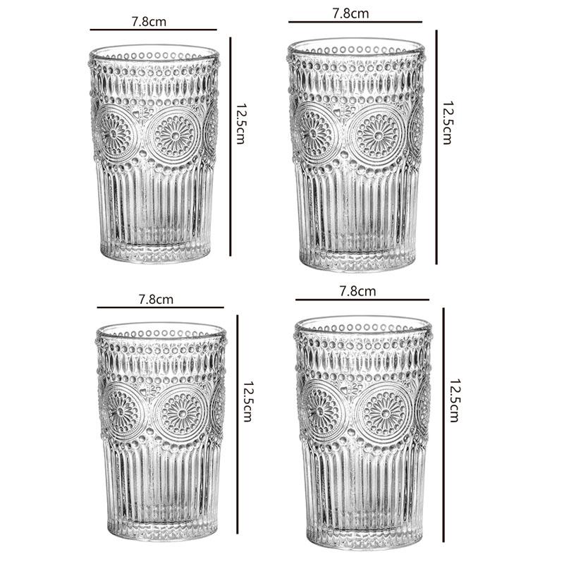 

Наборы из 4 стеклянных чашек по 12 унций, чашки для кофе с тисненым дизайном, термостойкие, ретро, прозрачный набор чайных чашек, стаканы, бытовая посуда для напитков 4pcs
