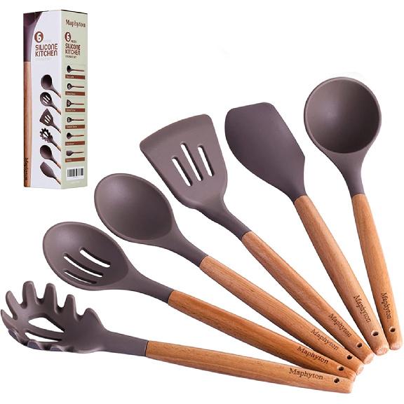 Mapthon Silicone Cooking Kitchen Utensils Set 6 PCS with Wooden Handle for Non-Sticker Cookware Heat-Resistant Kitchen Gadgets Serving Spoons,