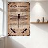 Vintage Rustic Metal Tin Sign 'As I Sit in Heaven' Memorial Wall Decor with Dragonfly Illustration Weathered Wood Background for