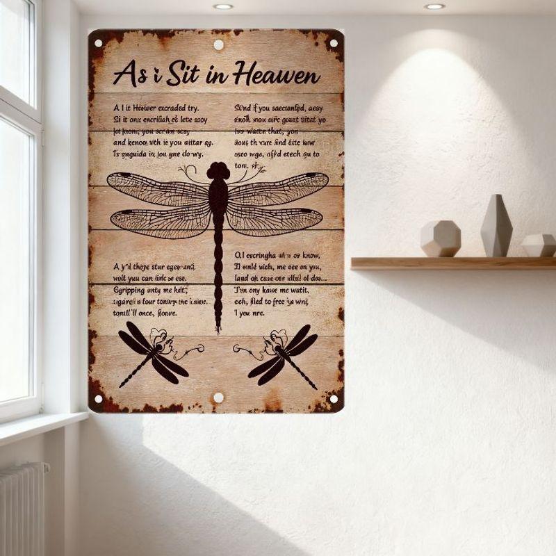 Vintage Rustic Metal Tin Sign 'As I Sit in Heaven' Memorial Wall Decor with Dragonfly Illustration Weathered Wood Background for