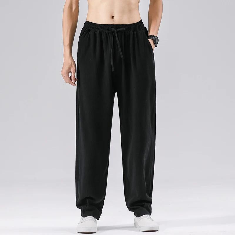 2026 Summer Men Chinese Style Linen Pants Men Solid Color Cotton Harem Pants Male Loose Straight Elastic Waist Joggers Trousers