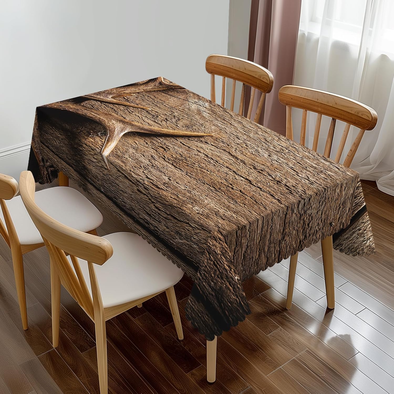Jmg Household Supplies Unisex Rustic Farmhouse Antler Deer Tablecloth, Wooden Plank Print Pattern Rectangular Washable Table Cover For Home Dining Kitchen