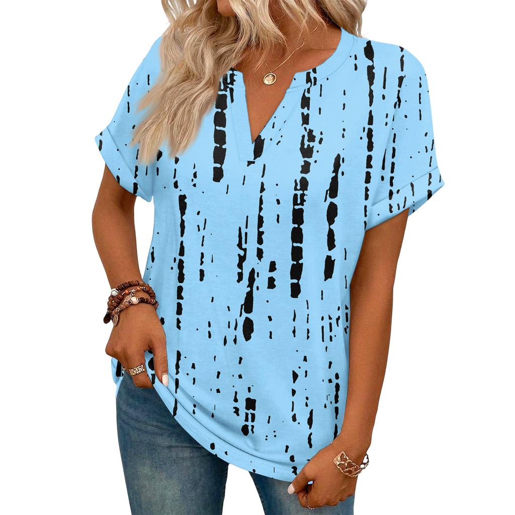 Stylish Women's Casual V-neck Short-sleeved Retro Print T-shirt