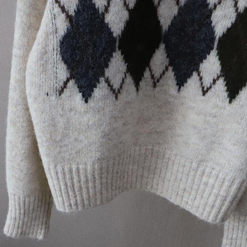 European Women’s Autumn/Winter Diamond Pattern Lapel Knit Sweater