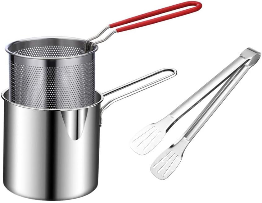 Small Deep Fryer Pot with Basket, Mini Deep Oil Fryer, 304 Stainless Steel Gadgets with Anti Scalding Silicone Handle