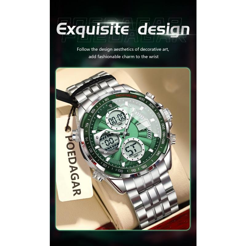 POEDAGAR Clock Waterproof Electronic LED Luxury Watches Dual Time Display Digital Stainless Steel Quartz Watch