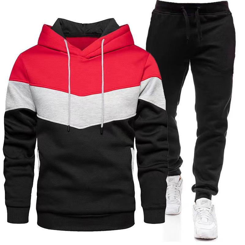 Sports Suit Men's Plus Loose Hooded Sweatshirt Sweatpants Color Blocked 2-piece Set Light Panel