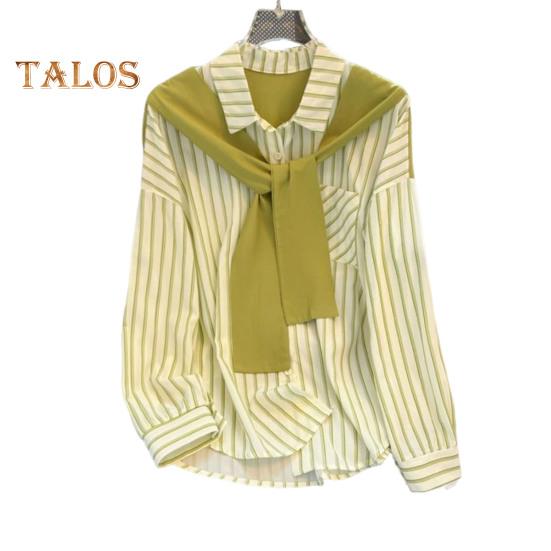 Dámská košile s dlouhým rukávem, vertikálně pruhovaným falešným dvoudílným designem, šálovými zády, volným střihem, knoflíky, topy