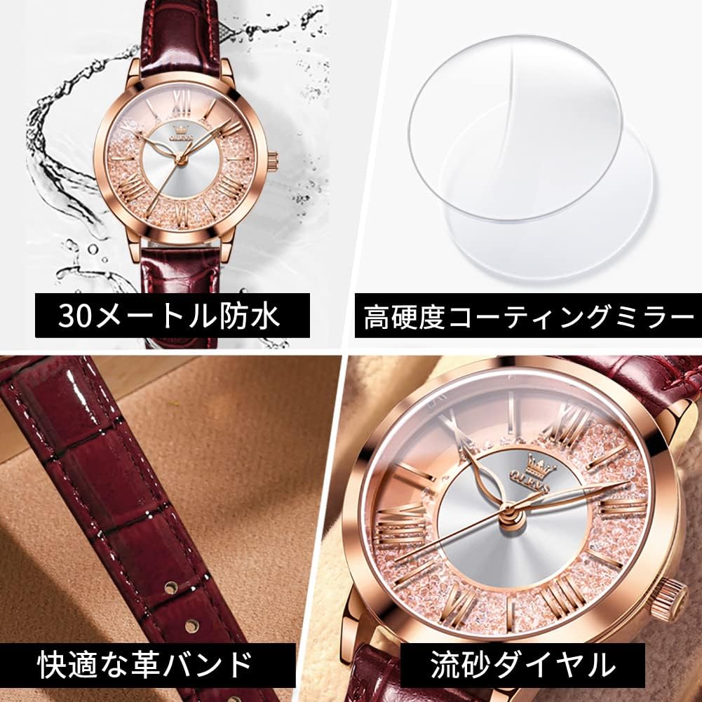 OLEVS Watch Rose Quicksand Gift Ladies' - Popular, Cute, Gold, Fashionable, Diamond, Pattern, Waterproof, Luminous, (Red - 5539)
