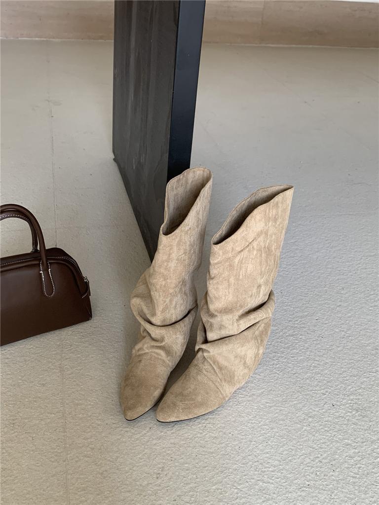 Inner Heightening Suede Pleated Stacking Boots Women's 2025 Autumn and Winter New Pointed Western Cowboy Boots Lapel Mid Boots Women