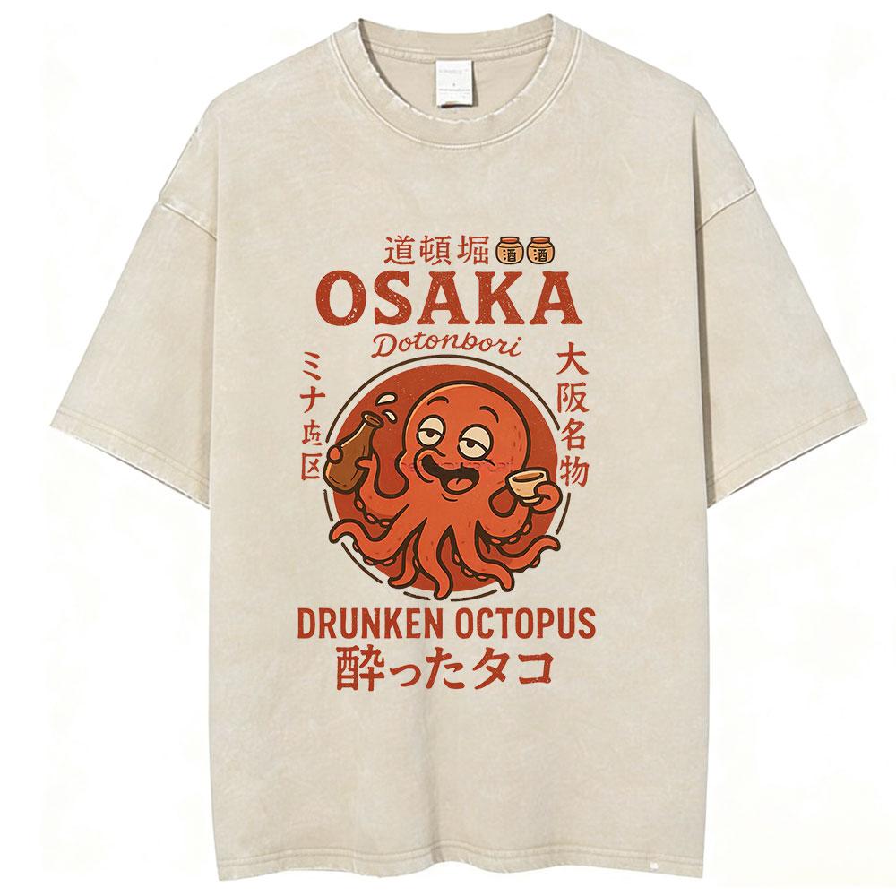 

Takoyaki Restaurant and Bar Dotonbori Drunken Octopus Vintage Washed T Shirts Mens Japanese Style Cotton Short Sleeve TShirts S